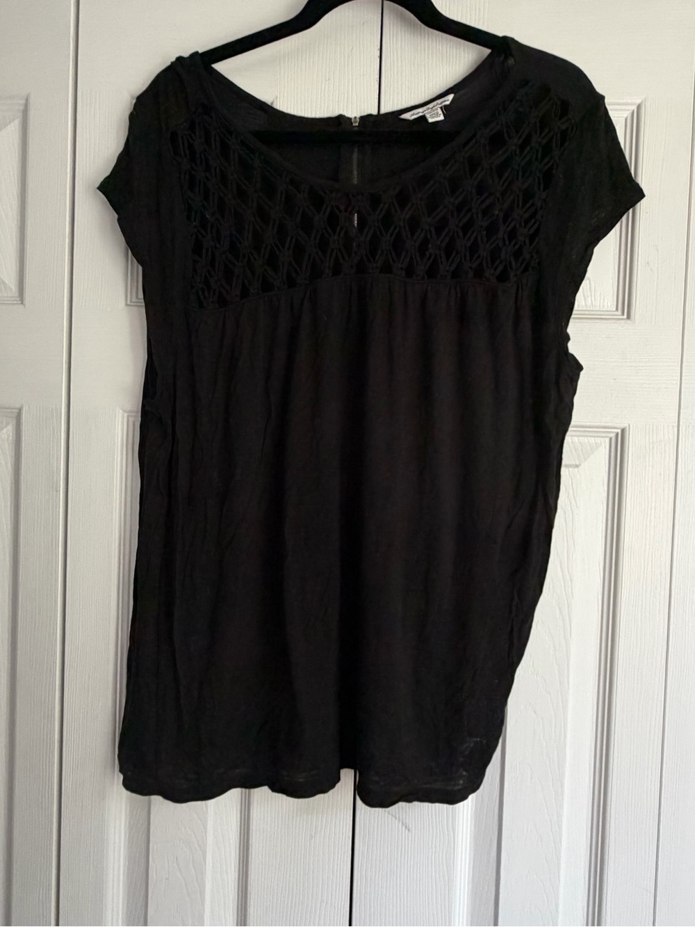 American Eagle Outfitters Black Crochet Yoke Short Sleeve Tee